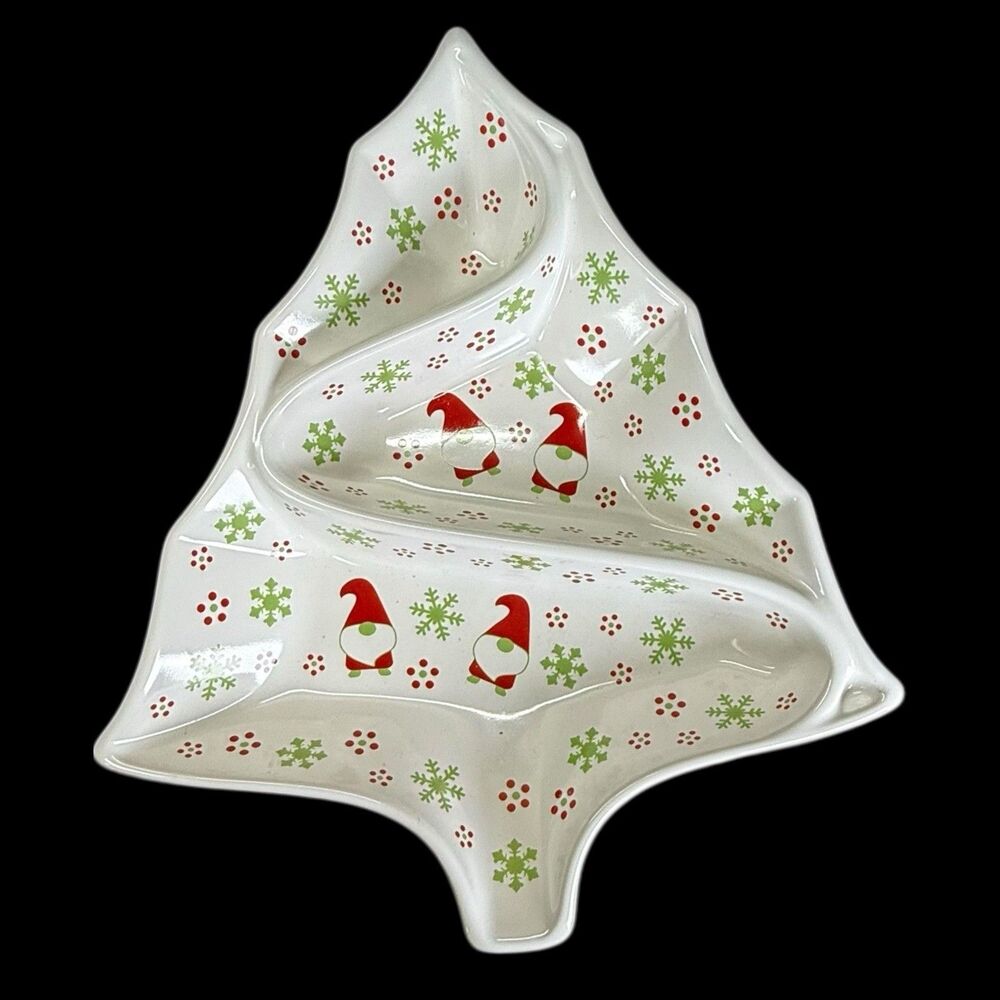 Temptations Special Edition Divided Dish Christmas Tree Elf Gnome Pattern 14"